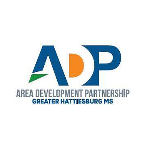 Logo for the Area Development Partnership, Greater Hattiesburg MS, with the letters "ADP" in blue, featuring a green triangle and orange semicircle within the letters.