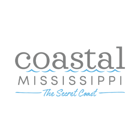 Logo for Coastal Mississippi. The word "coastal" appears in gray with blue wave lines under it, "MISSISSIPPI" in blue uppercase letters, and "The Secret Coast" in blue script with lines above and below.