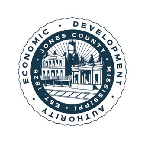 Circular seal logo for the Jones County Economic Development Authority, Mississippi, featuring historic buildings, trees, and text: "EST. 1826.